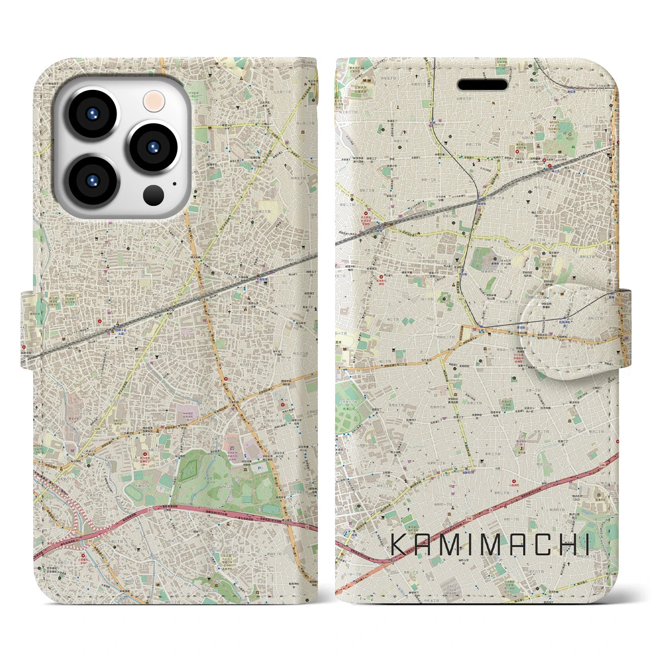 【上町(東京都)】地図柄iPhoneケース(手帳タイプ)ナチュラル・iPhone 13 Pro 用