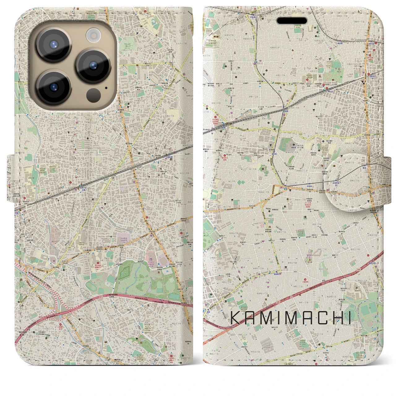 【上町(東京都)】地図柄iPhoneケース(手帳タイプ)ナチュラル・iPhone 14 Pro Max 用