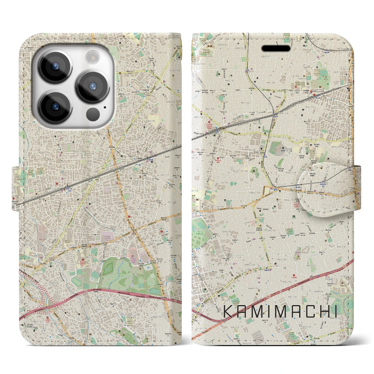 【上町(東京都)】地図柄iPhoneケース(手帳タイプ)ナチュラル・iPhone 14 Pro 用