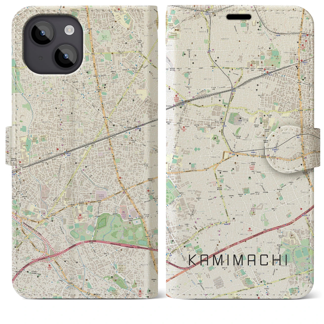 【上町(東京都)】地図柄iPhoneケース(手帳タイプ)ナチュラル・iPhone 14 Plus 用