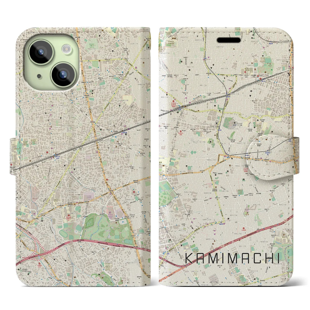 【上町(東京都)】地図柄iPhoneケース(手帳タイプ)ナチュラル・iPhone 15 用