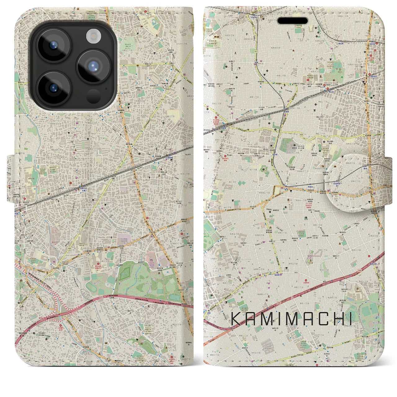 【上町(東京都)】地図柄iPhoneケース(手帳タイプ)ナチュラル・iPhone 15 Pro Max 用
