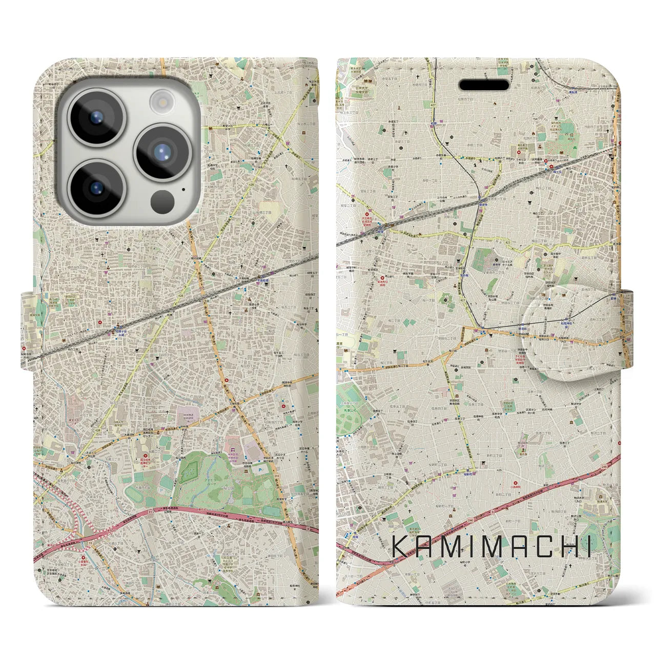 【上町(東京都)】地図柄iPhoneケース(手帳タイプ)ナチュラル・iPhone 15 Pro 用