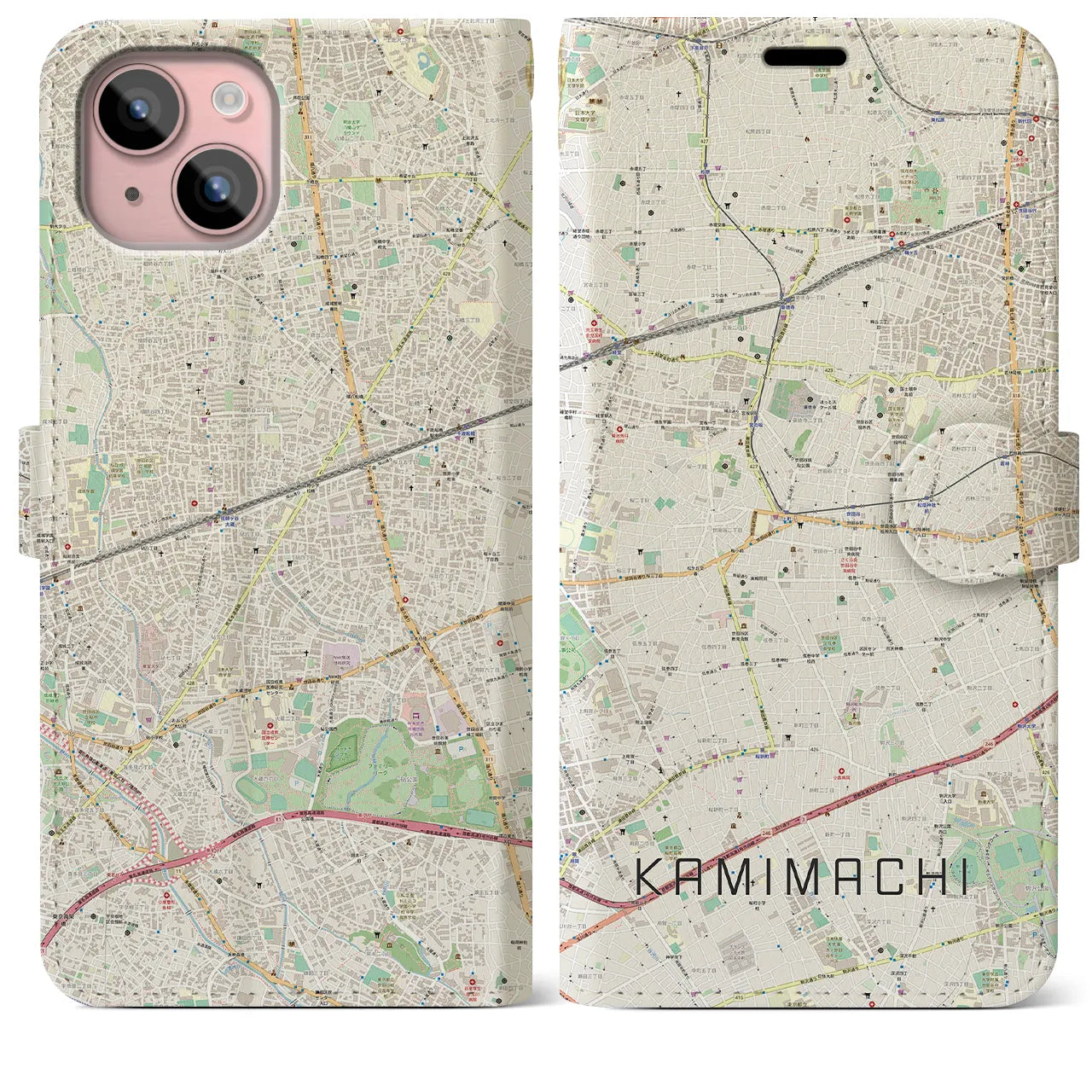 【上町(東京都)】地図柄iPhoneケース(手帳タイプ)ナチュラル・iPhone 15 Plus 用