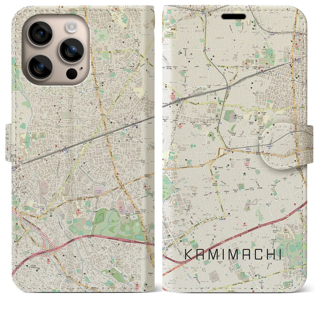【上町(東京都)】地図柄iPhoneケース(手帳タイプ)ナチュラル・iPhone 16 Plus 用