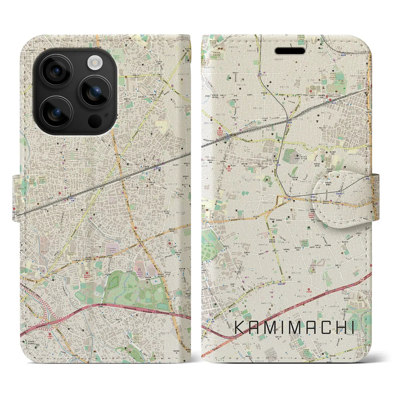 【上町(東京都)】地図柄iPhoneケース(手帳タイプ)ナチュラル・iPhone 16 用