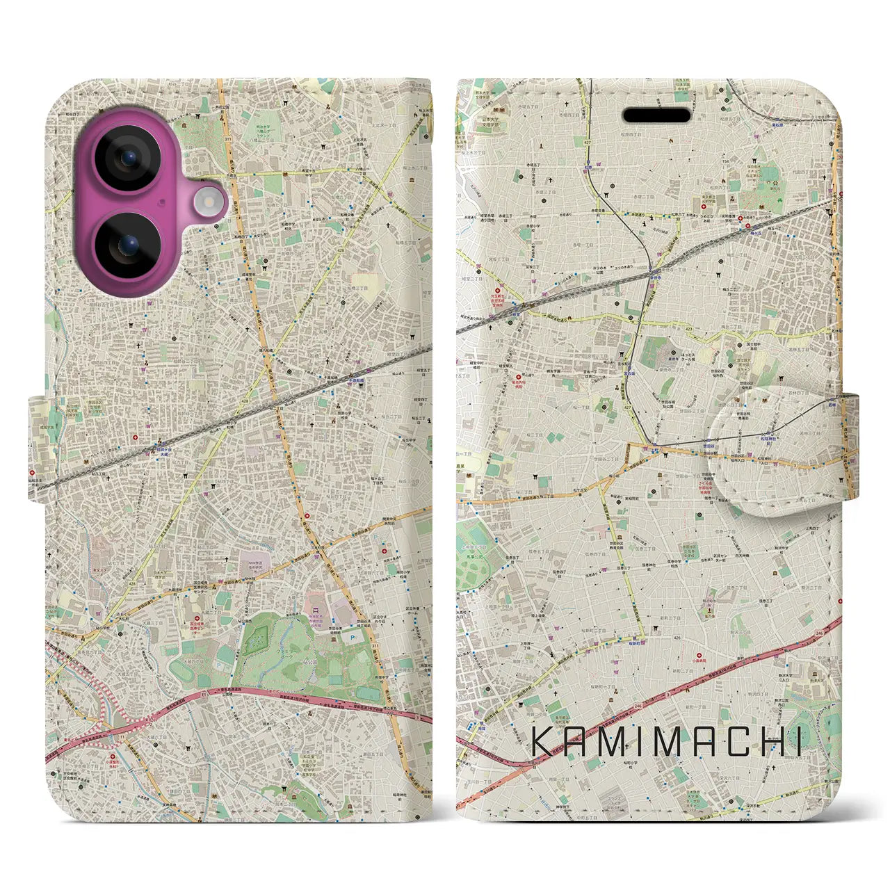 【上町(東京都)】地図柄iPhoneケース(手帳タイプ)ナチュラル・iPhone 16 Pro 用