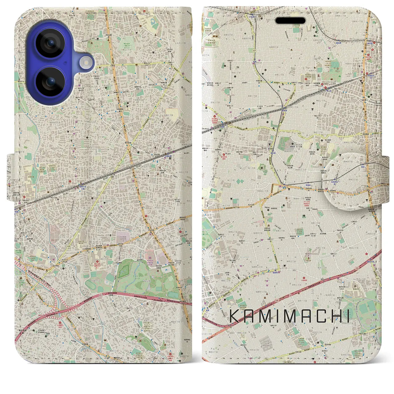 【上町(東京都)】地図柄iPhoneケース(手帳タイプ)ナチュラル・iPhone 16 Pro Max 用