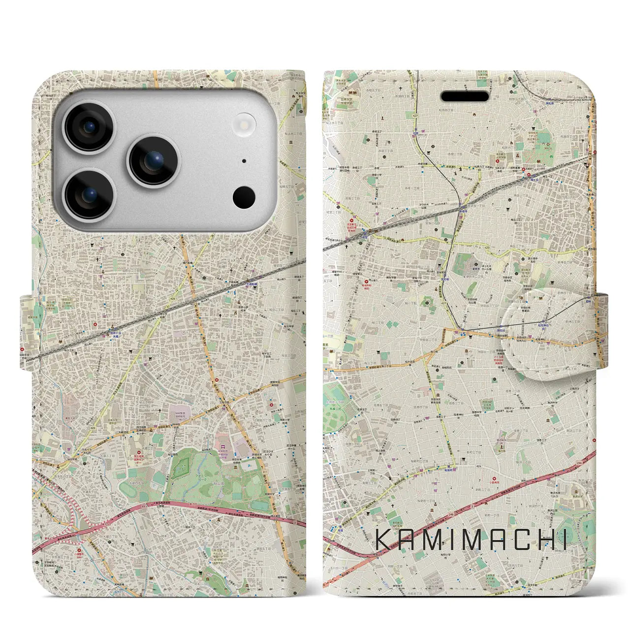 【上町(東京都)】地図柄iPhoneケース(手帳タイプ)ナチュラル・iPhone 17 Pro Max 用