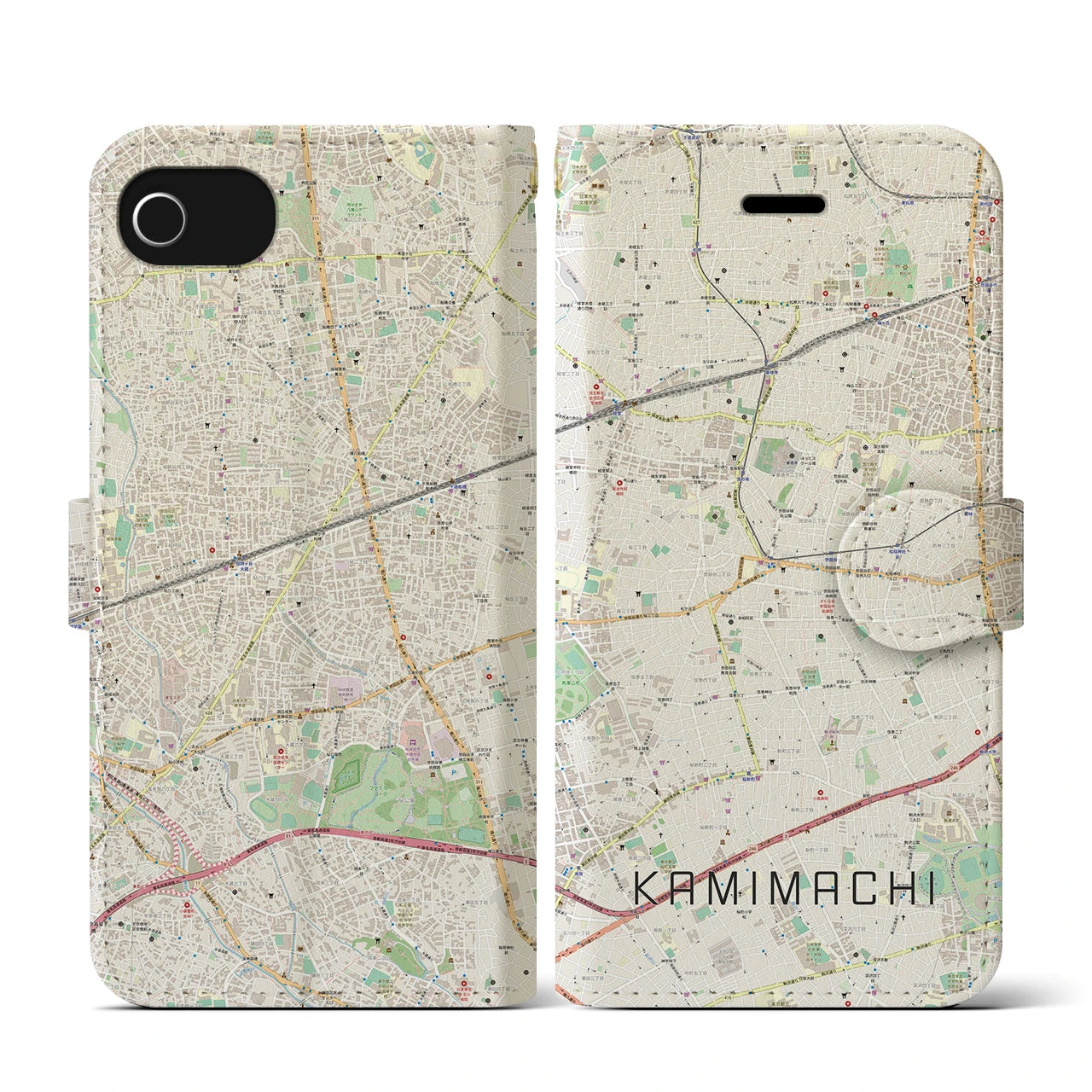 【上町(東京都)】地図柄iPhoneケース(手帳タイプ)ナチュラル・iPhone SE(第3 / 第2世代) / 8 / 7 / 6s / 6 用