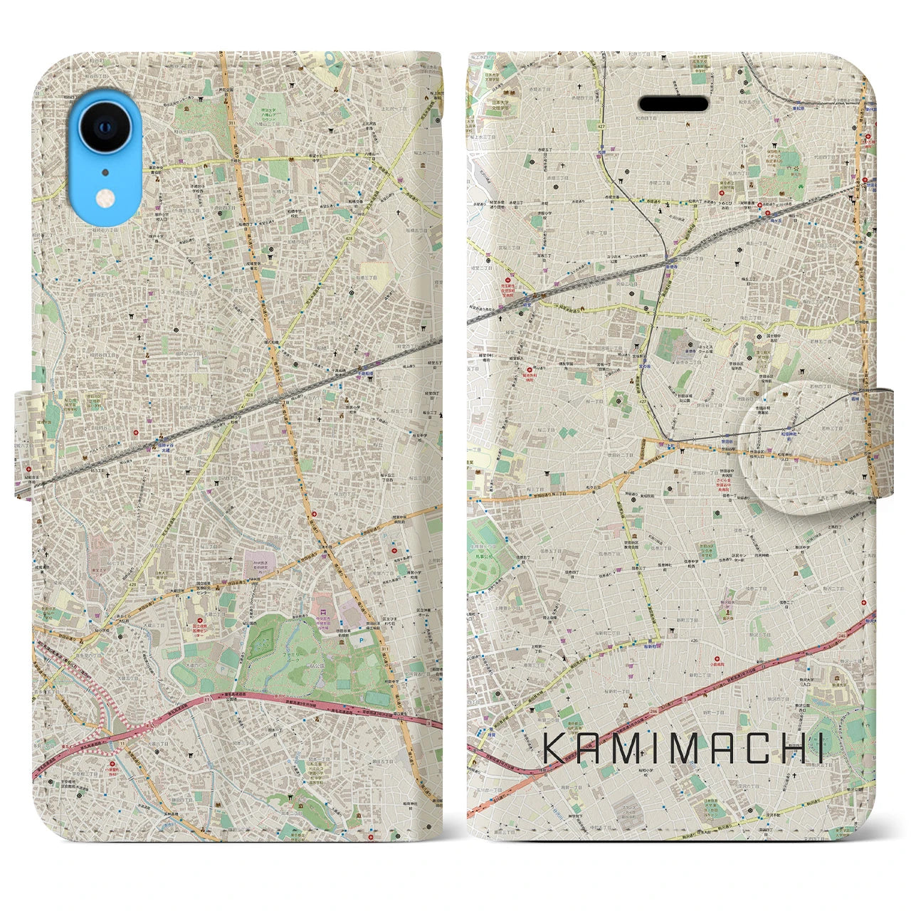 【上町(東京都)】地図柄iPhoneケース(手帳タイプ)ナチュラル・iPhone XR 用