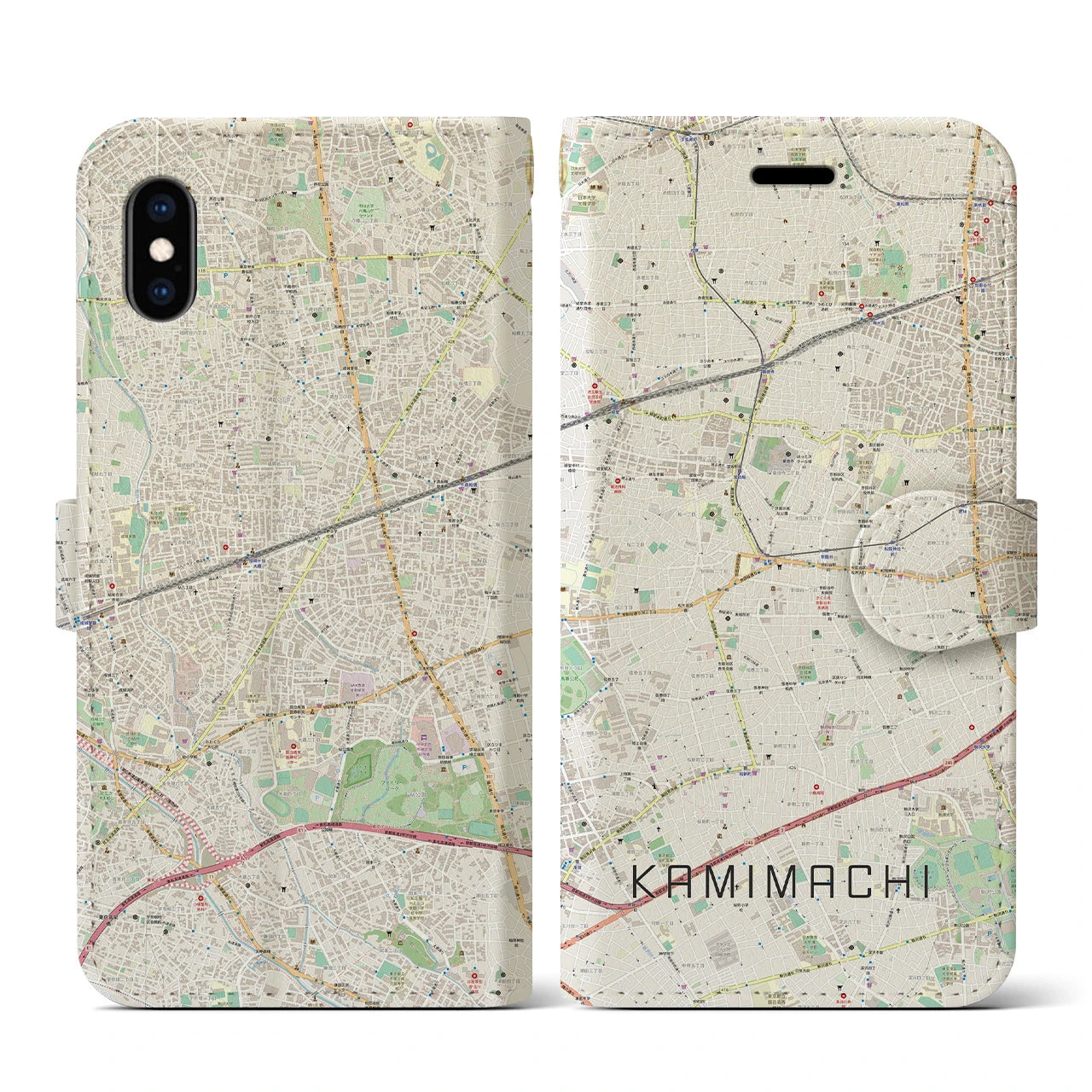 【上町(東京都)】地図柄iPhoneケース(手帳タイプ)ナチュラル・iPhone XS / X 用