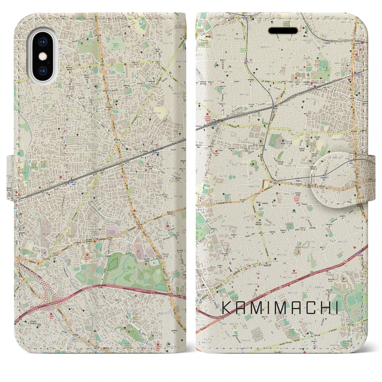 【上町(東京都)】地図柄iPhoneケース(手帳タイプ)ナチュラル・iPhone XS Max 用