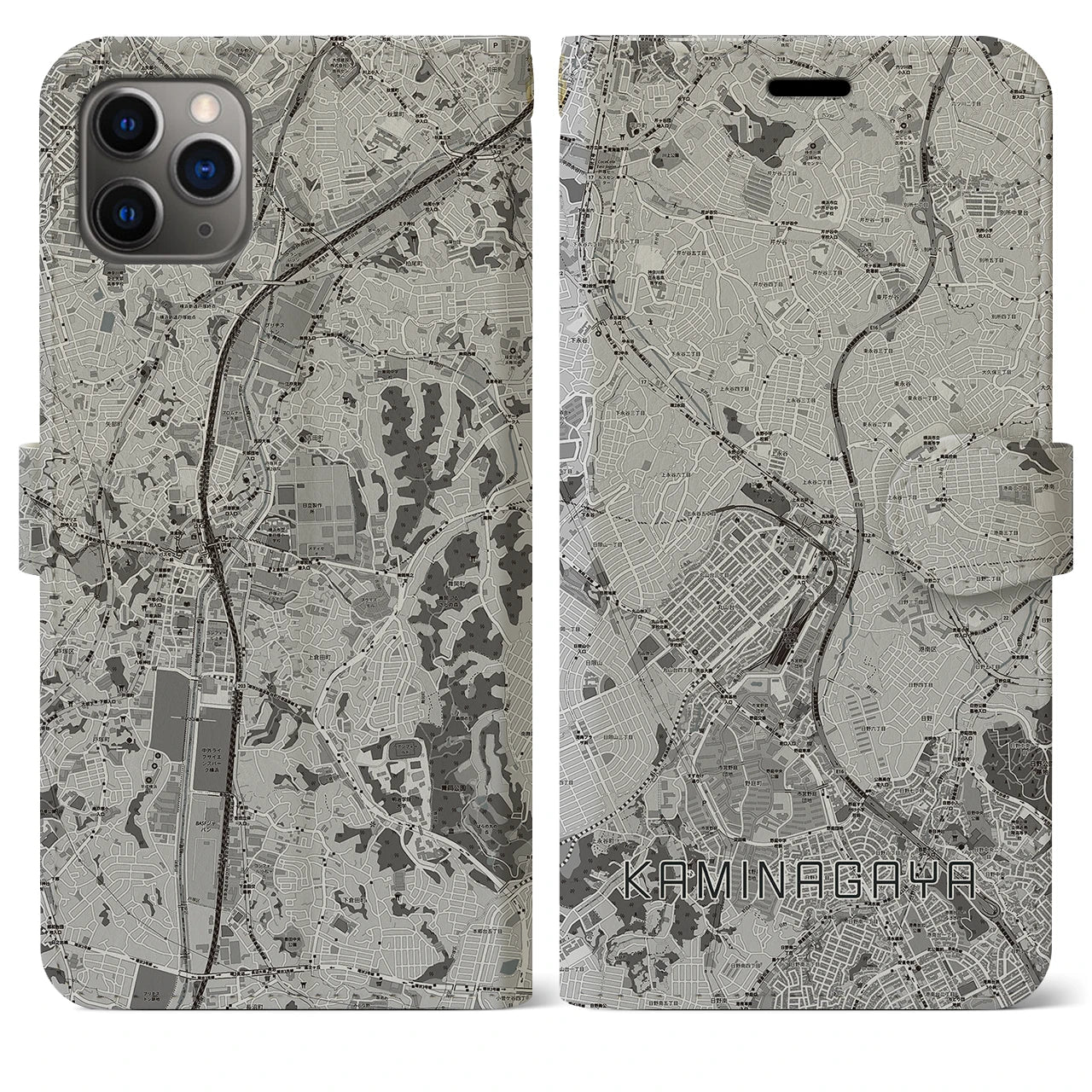 【上永谷(神奈川県)】地図柄iPhoneケース(手帳タイプ)モノトーン・iPhone 11 Pro Max 用