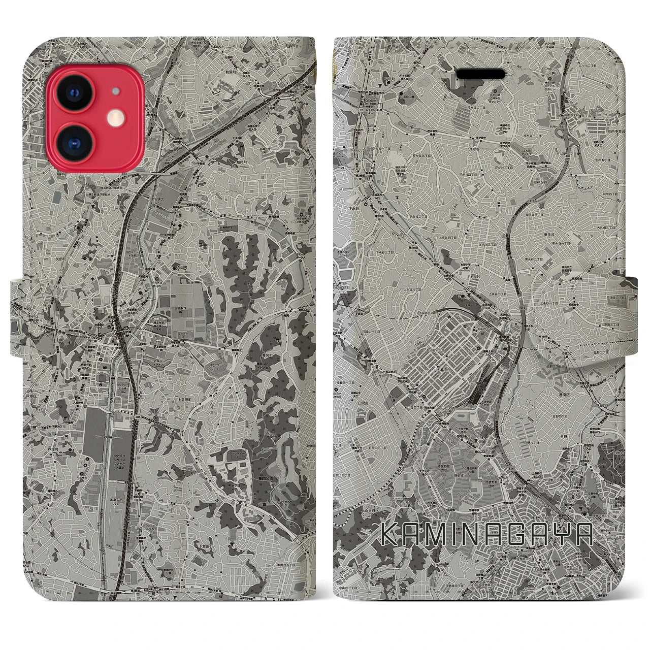 【上永谷(神奈川県)】地図柄iPhoneケース(手帳タイプ)モノトーン・iPhone 11 用