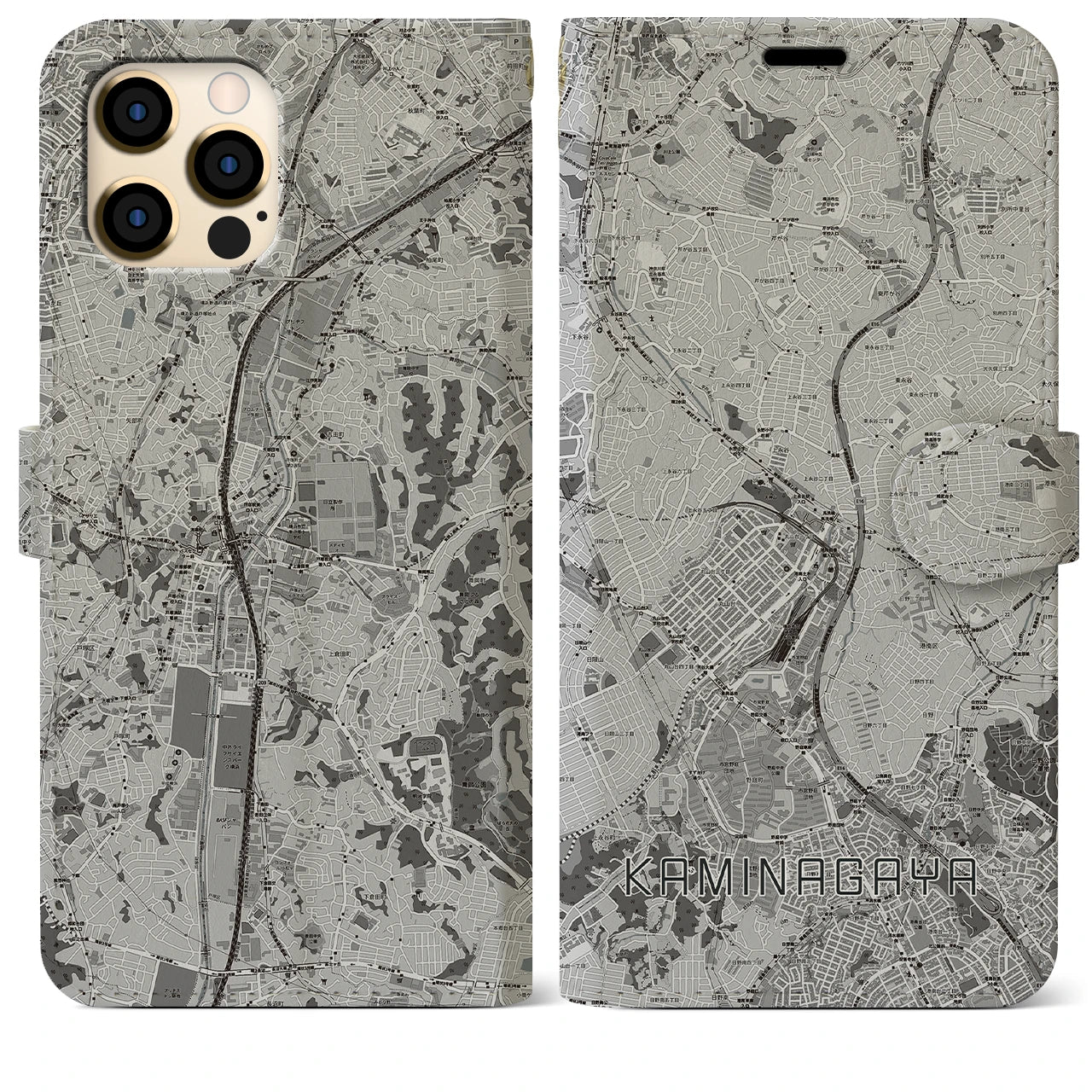 【上永谷(神奈川県)】地図柄iPhoneケース(手帳タイプ)モノトーン・iPhone 12 Pro Max 用