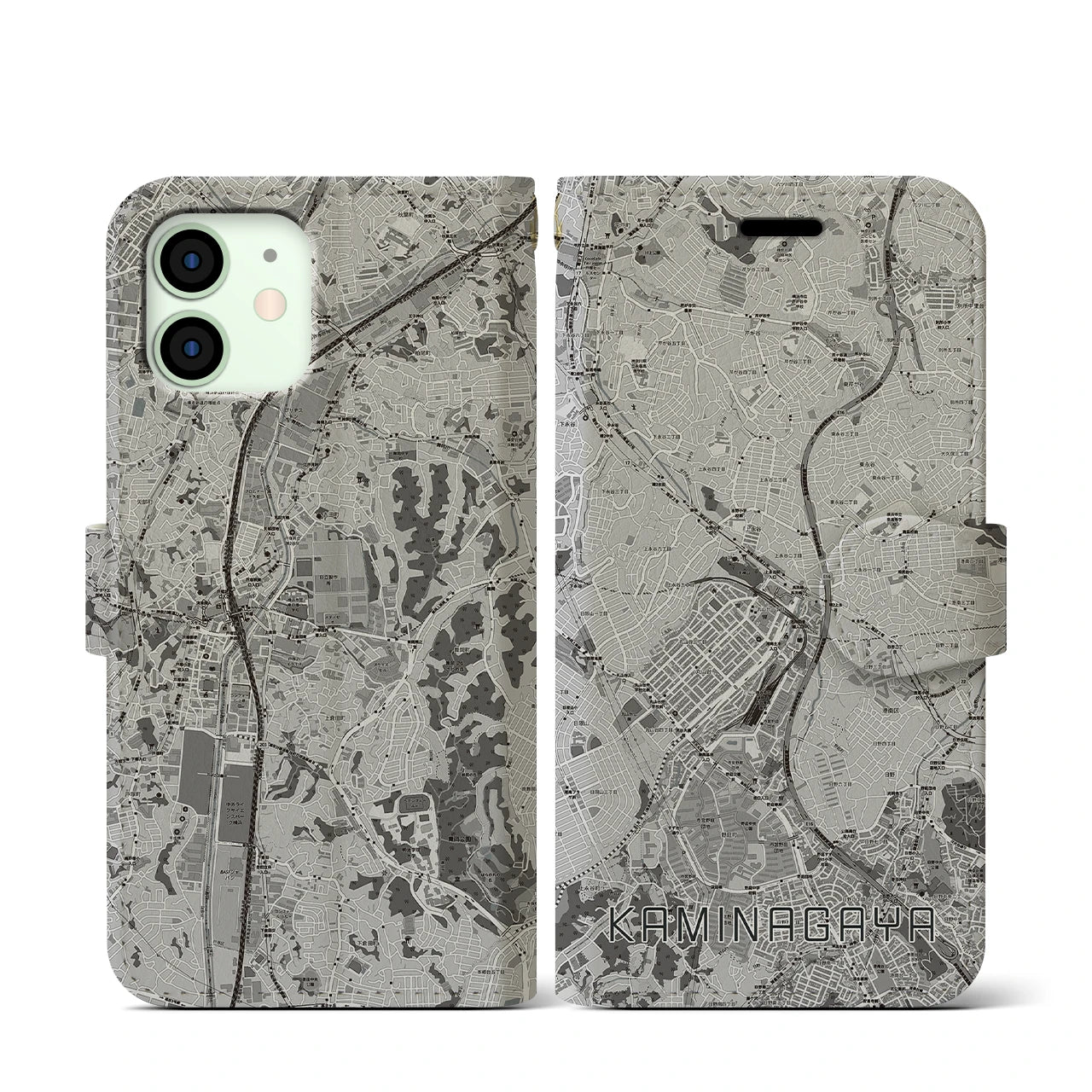 【上永谷(神奈川県)】地図柄iPhoneケース(手帳タイプ)モノトーン・iPhone 12 mini 用