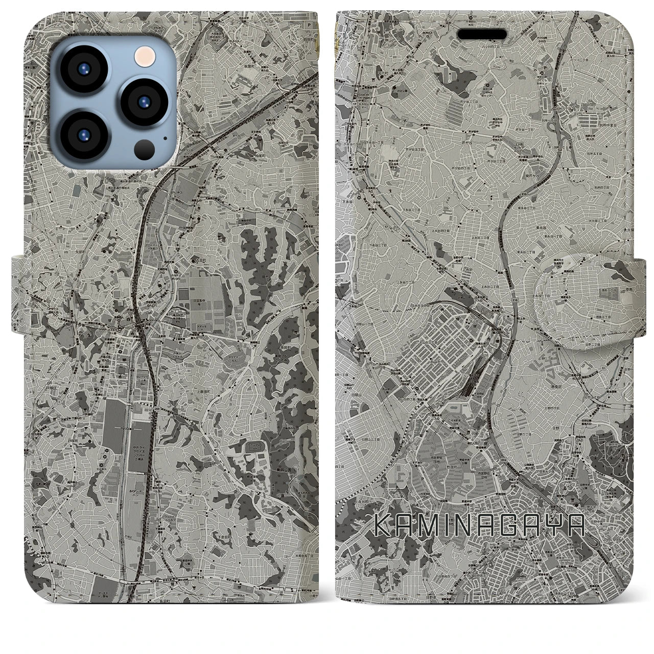 【上永谷(神奈川県)】地図柄iPhoneケース(手帳タイプ)モノトーン・iPhone 13 Pro Max 用