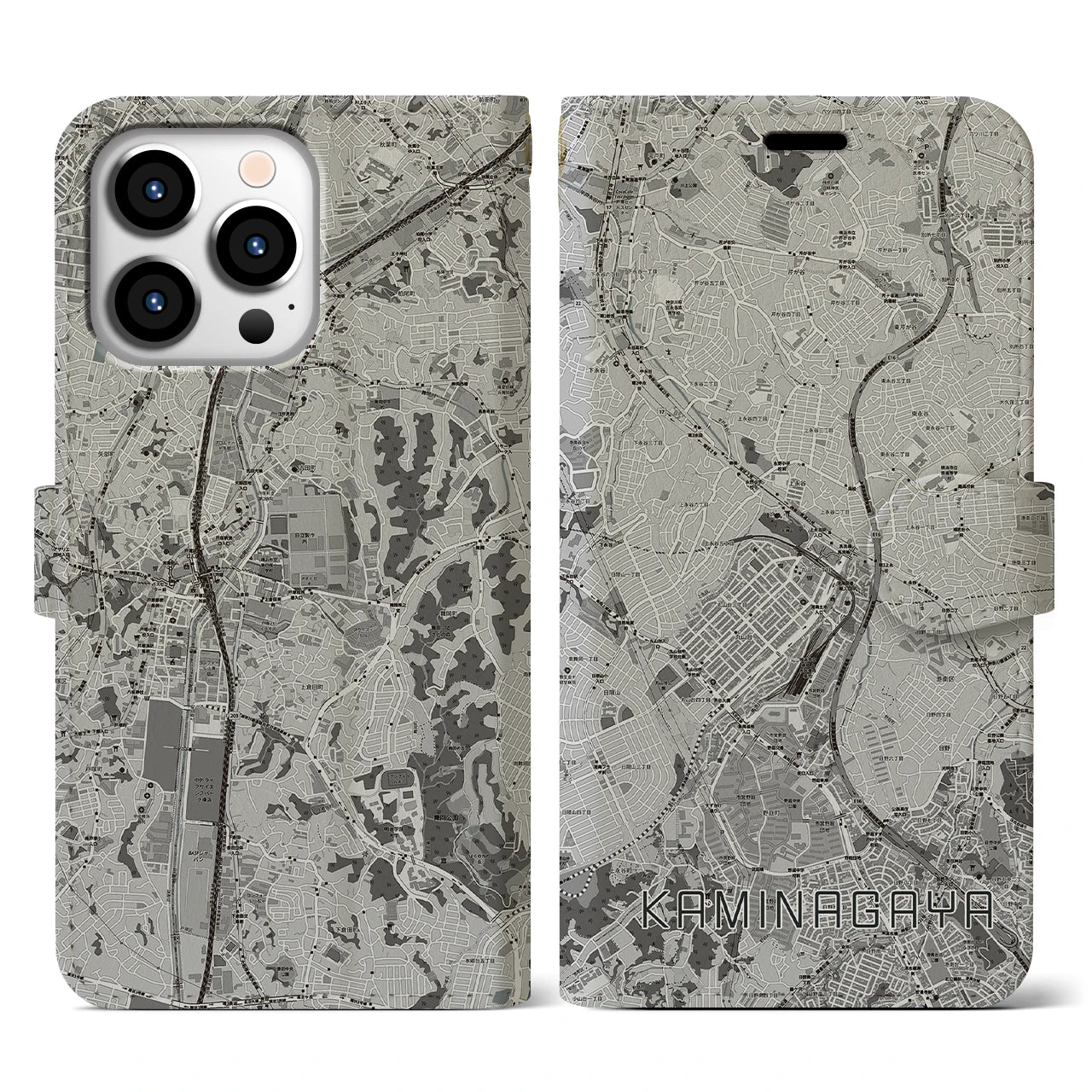 【上永谷(神奈川県)】地図柄iPhoneケース(手帳タイプ)モノトーン・iPhone 13 Pro 用