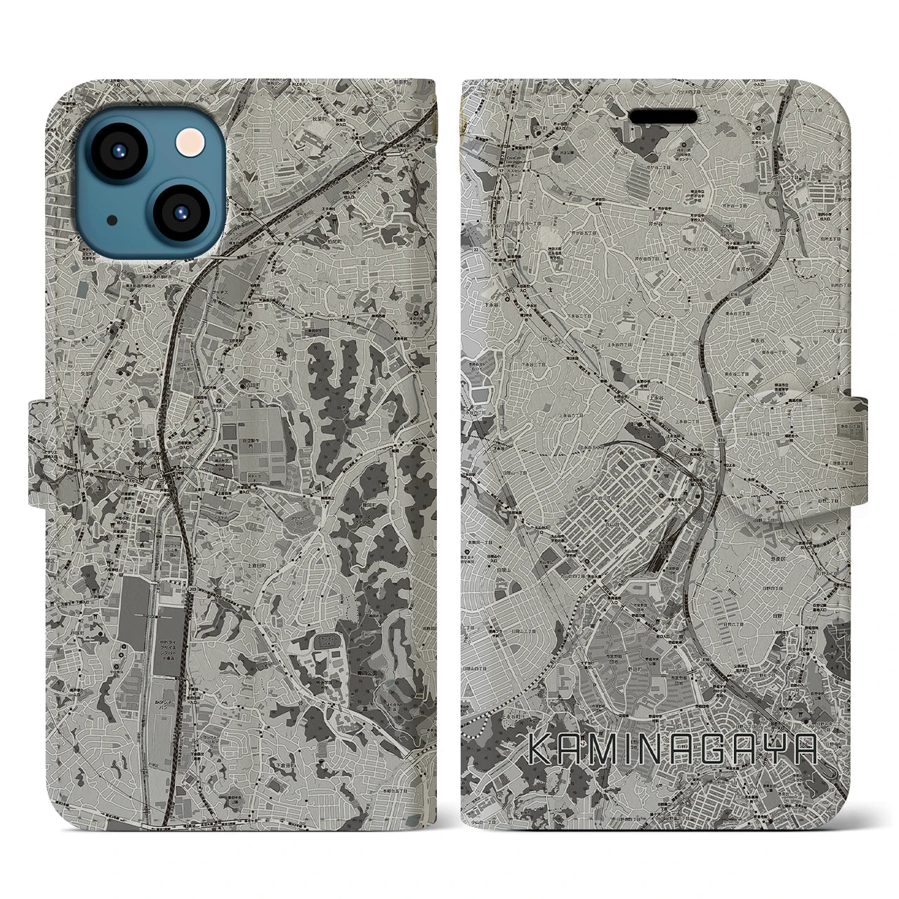 【上永谷(神奈川県)】地図柄iPhoneケース(手帳タイプ)モノトーン・iPhone 13 用