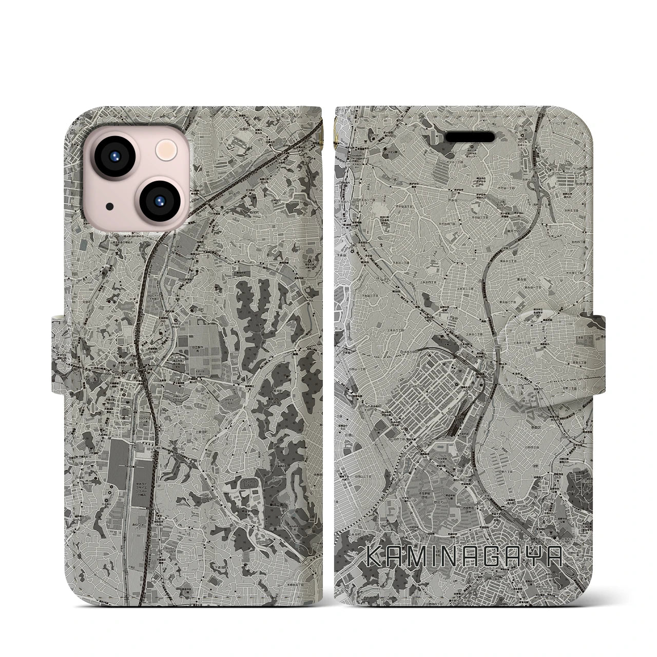 【上永谷(神奈川県)】地図柄iPhoneケース(手帳タイプ)モノトーン・iPhone 13 mini 用
