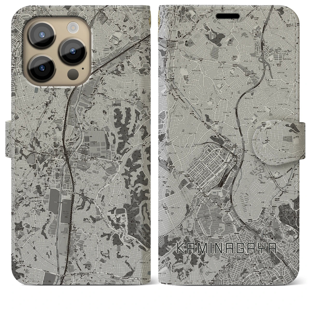 【上永谷(神奈川県)】地図柄iPhoneケース(手帳タイプ)モノトーン・iPhone 14 Pro Max 用