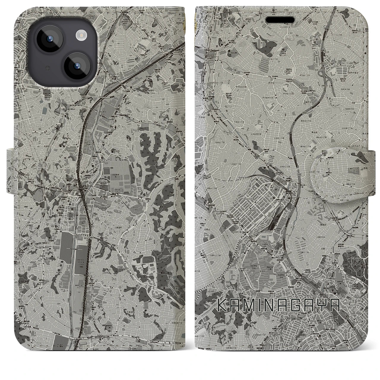 【上永谷(神奈川県)】地図柄iPhoneケース(手帳タイプ)モノトーン・iPhone 14 Plus 用