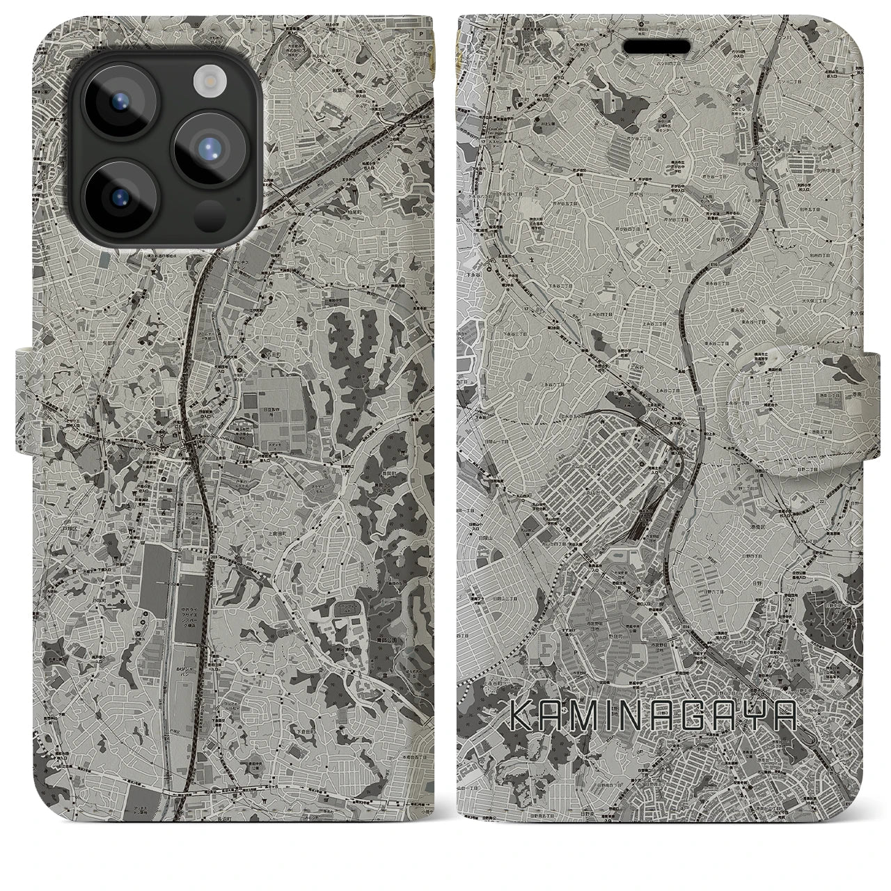 【上永谷(神奈川県)】地図柄iPhoneケース(手帳タイプ)モノトーン・iPhone 15 Pro Max 用