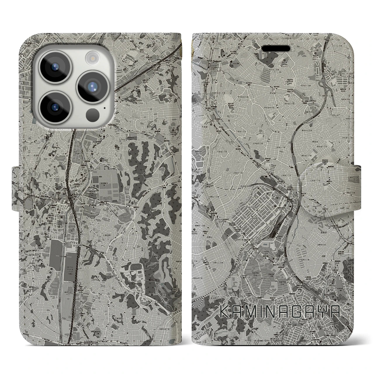 【上永谷(神奈川県)】地図柄iPhoneケース(手帳タイプ)モノトーン・iPhone 15 Pro 用