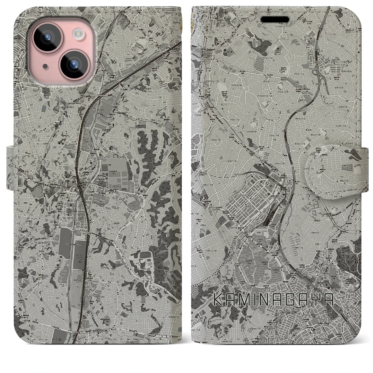 【上永谷(神奈川県)】地図柄iPhoneケース(手帳タイプ)モノトーン・iPhone 15 Plus 用