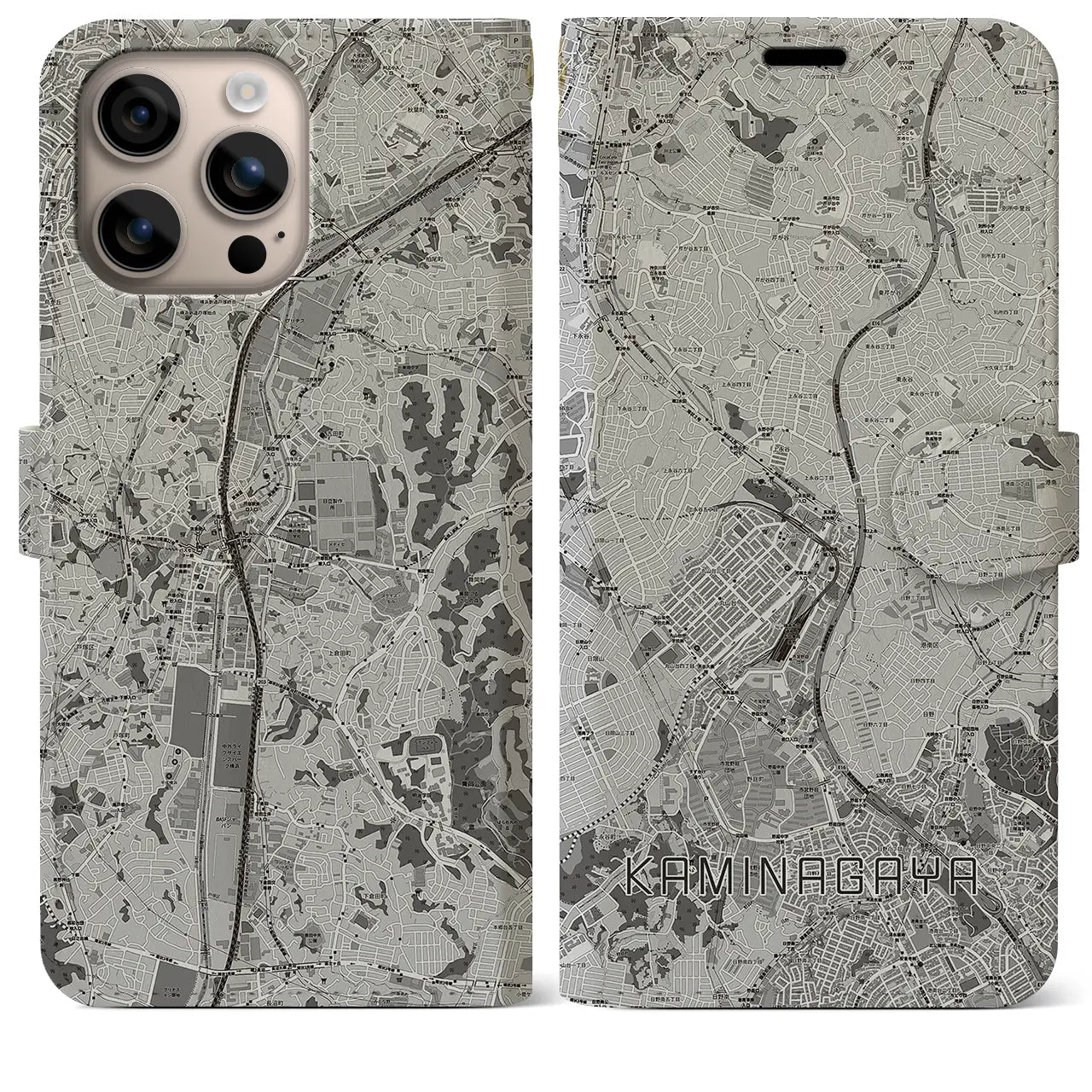 【上永谷(神奈川県)】地図柄iPhoneケース(手帳タイプ)モノトーン・iPhone 16 Plus 用