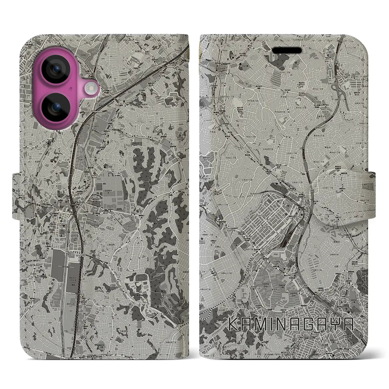【上永谷(神奈川県)】地図柄iPhoneケース(手帳タイプ)モノトーン・iPhone 16 Pro 用