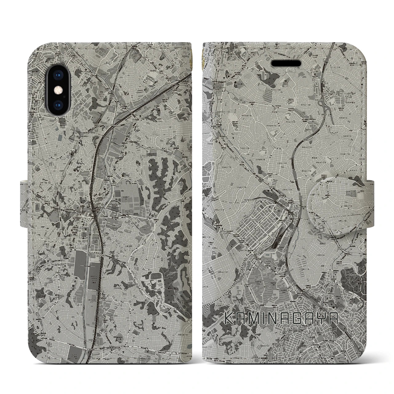 【上永谷(神奈川県)】地図柄iPhoneケース(手帳タイプ)モノトーン・iPhone XS / X 用