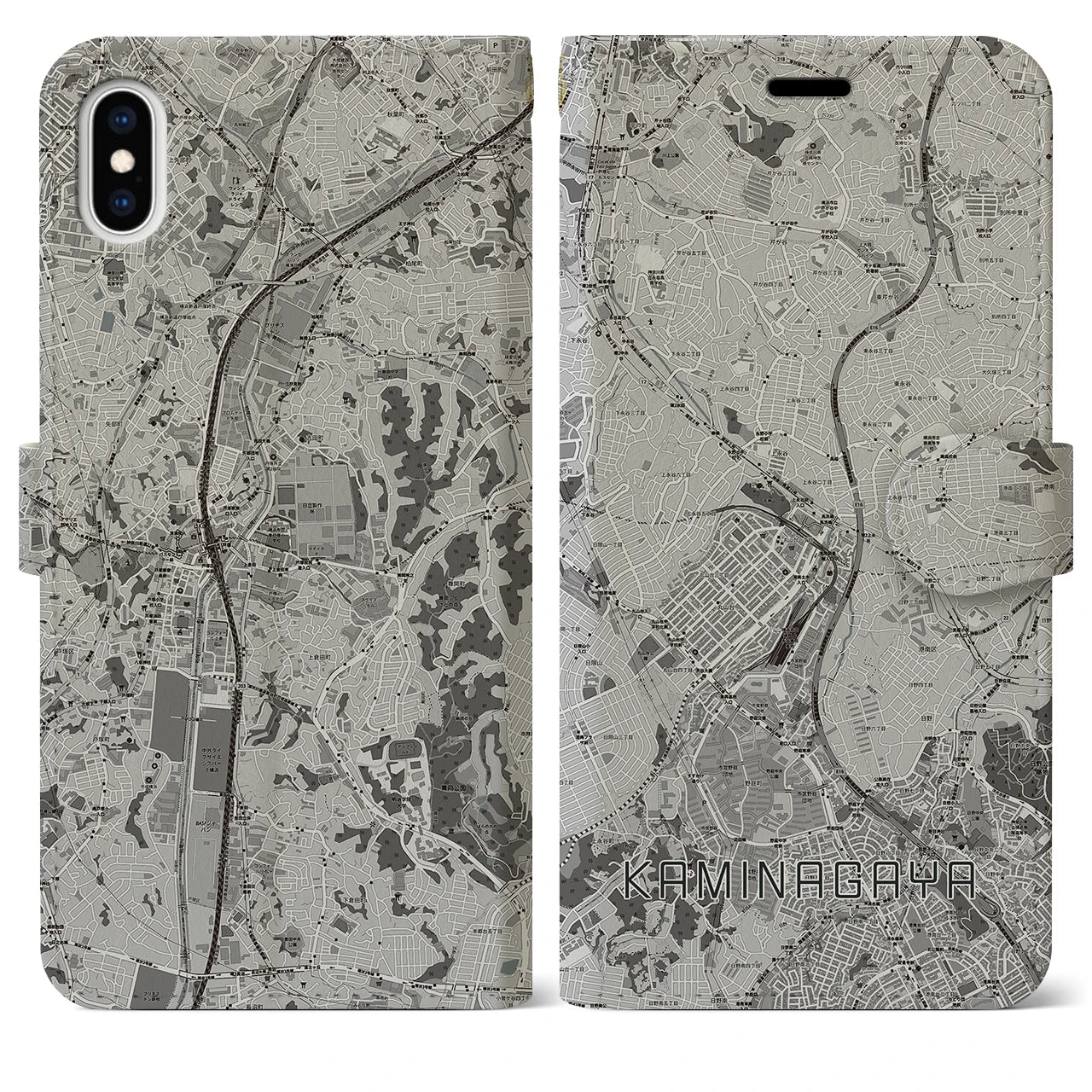 【上永谷(神奈川県)】地図柄iPhoneケース(手帳タイプ)モノトーン・iPhone XS Max 用