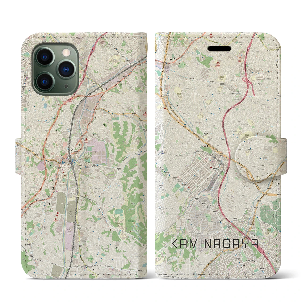 【上永谷(神奈川県)】地図柄iPhoneケース(手帳タイプ)ナチュラル・iPhone 11 Pro 用