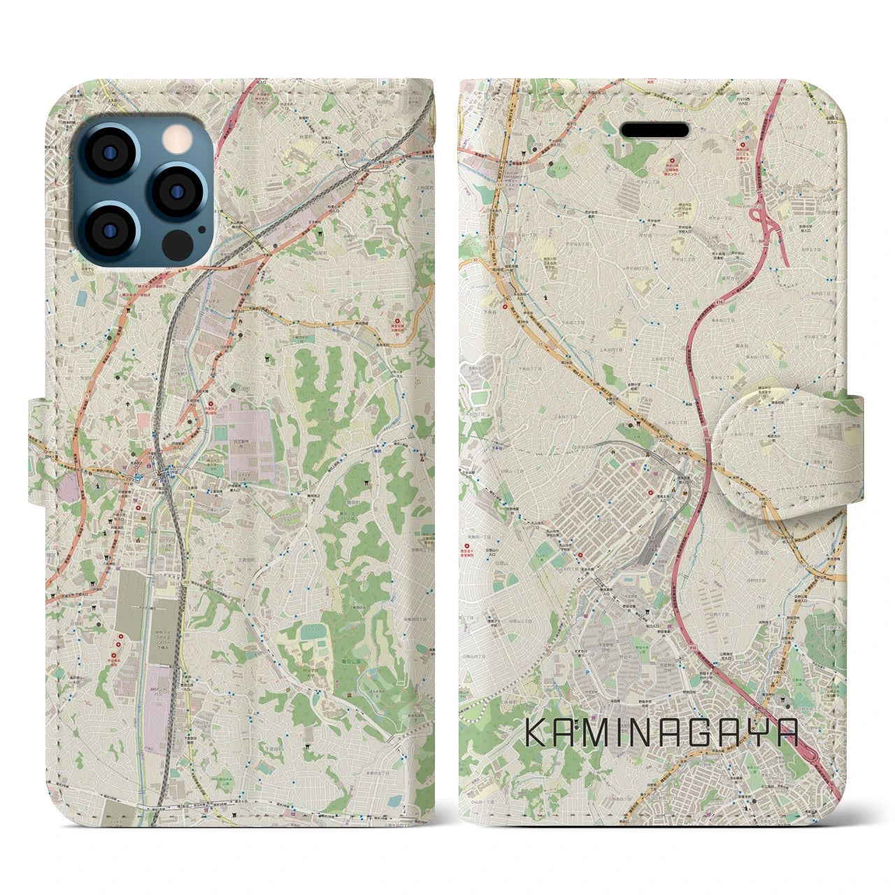 【上永谷(神奈川県)】地図柄iPhoneケース(手帳タイプ)ナチュラル・iPhone 12 / 12 Pro 用