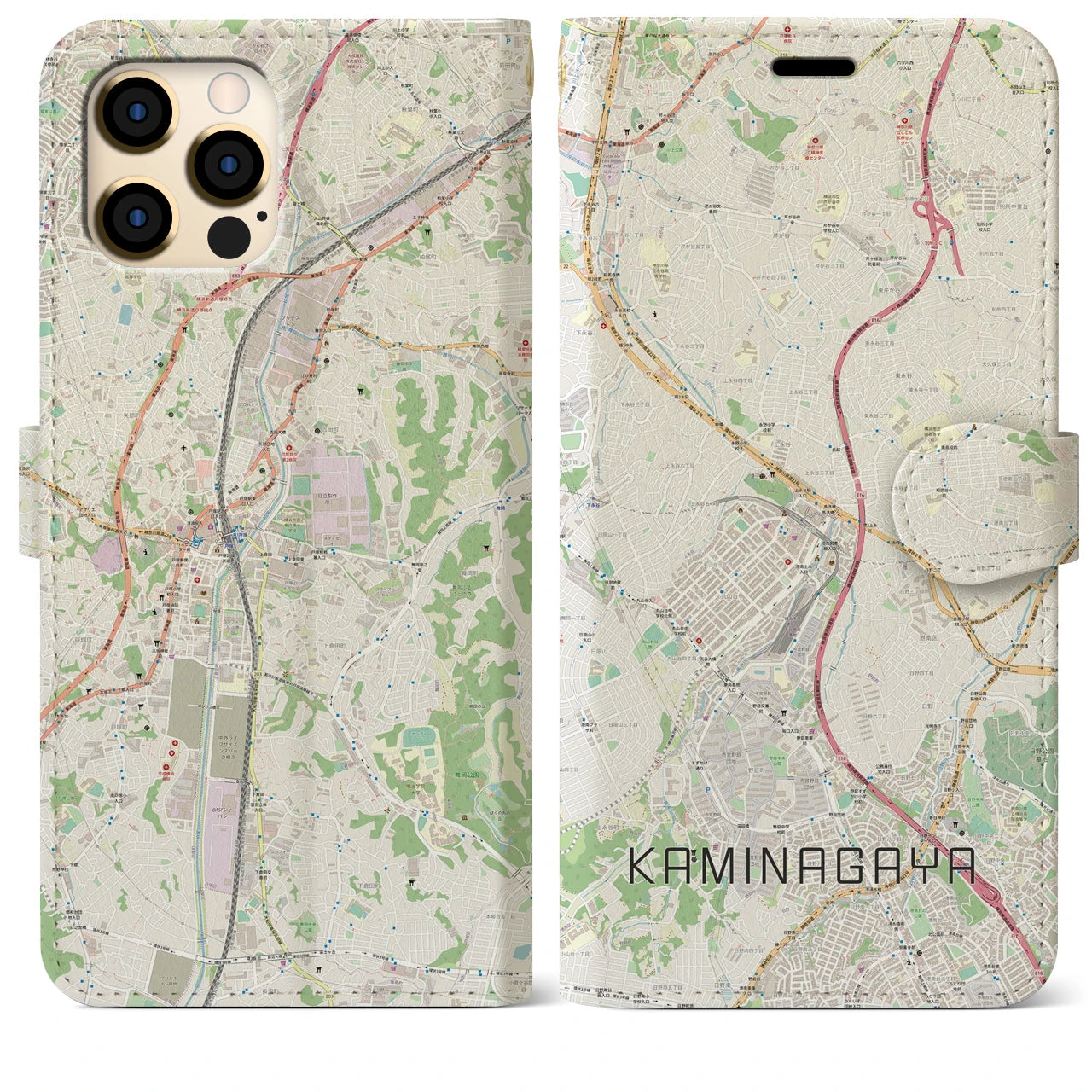 【上永谷(神奈川県)】地図柄iPhoneケース(手帳タイプ)ナチュラル・iPhone 12 Pro Max 用