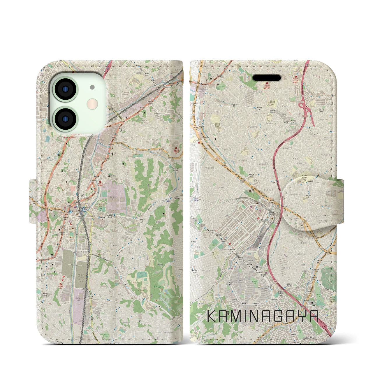 【上永谷(神奈川県)】地図柄iPhoneケース(手帳タイプ)ナチュラル・iPhone 12 mini 用