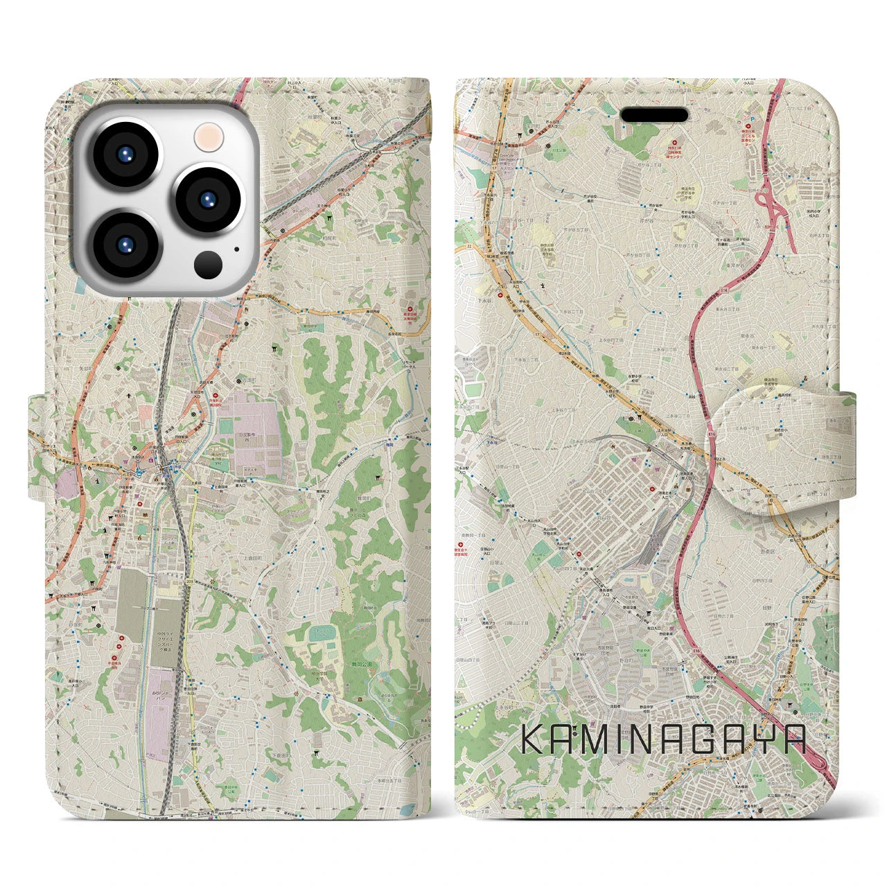 【上永谷(神奈川県)】地図柄iPhoneケース(手帳タイプ)ナチュラル・iPhone 13 Pro 用