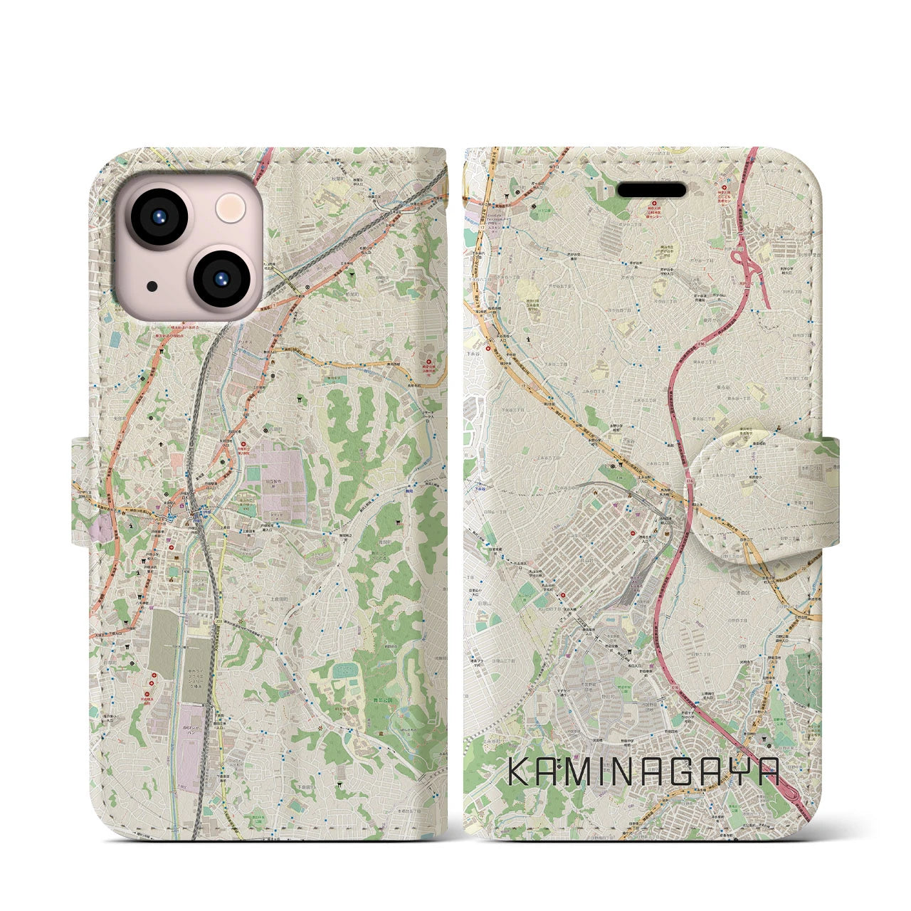 【上永谷(神奈川県)】地図柄iPhoneケース(手帳タイプ)ナチュラル・iPhone 13 mini 用