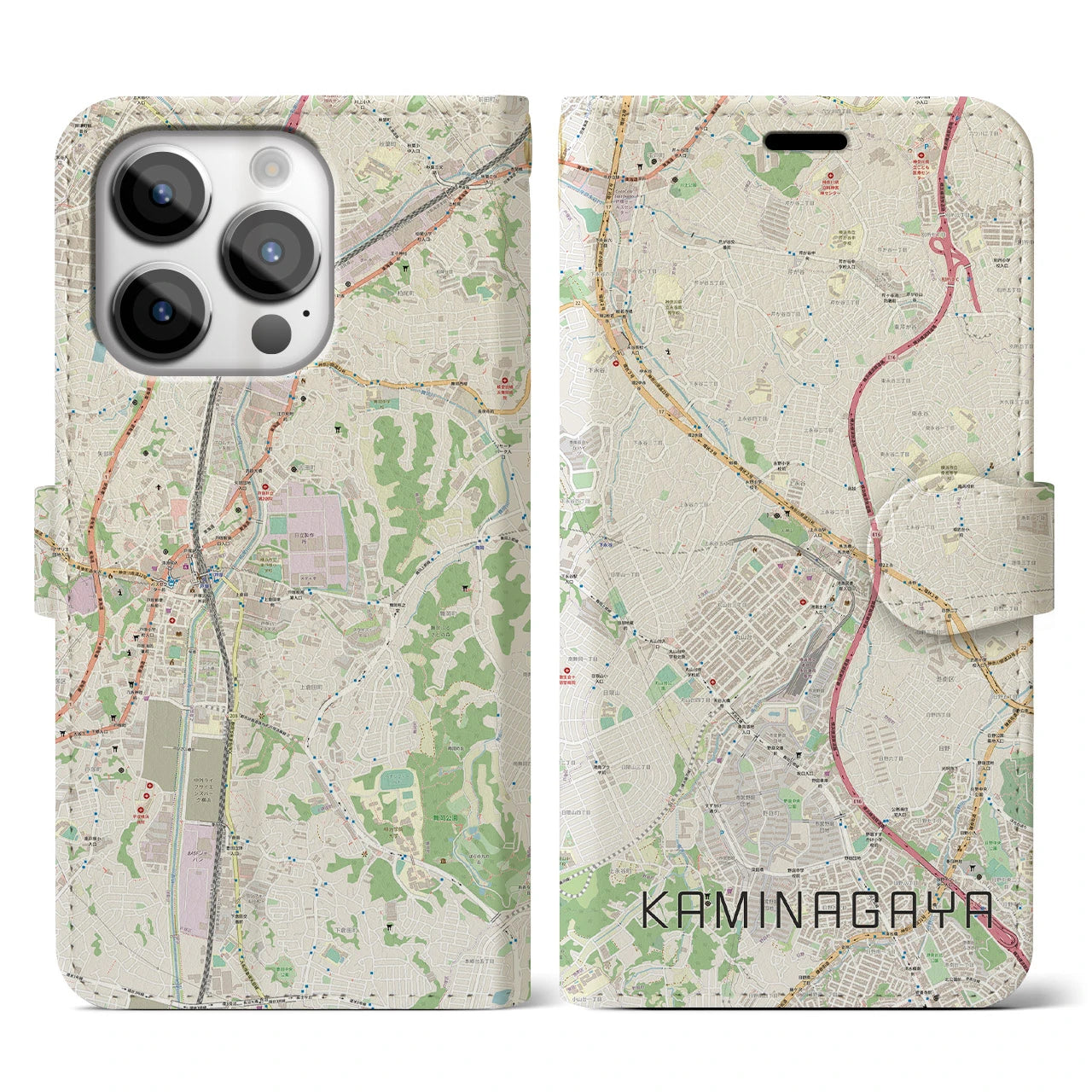 【上永谷(神奈川県)】地図柄iPhoneケース(手帳タイプ)ナチュラル・iPhone 14 Pro 用