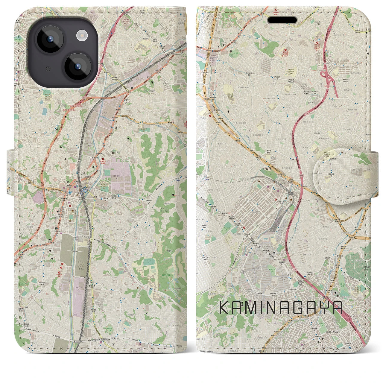 【上永谷(神奈川県)】地図柄iPhoneケース(手帳タイプ)ナチュラル・iPhone 14 Plus 用