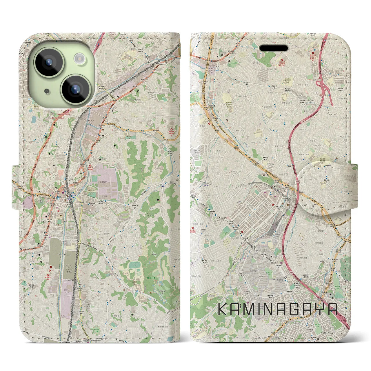 【上永谷(神奈川県)】地図柄iPhoneケース(手帳タイプ)ナチュラル・iPhone 15 用