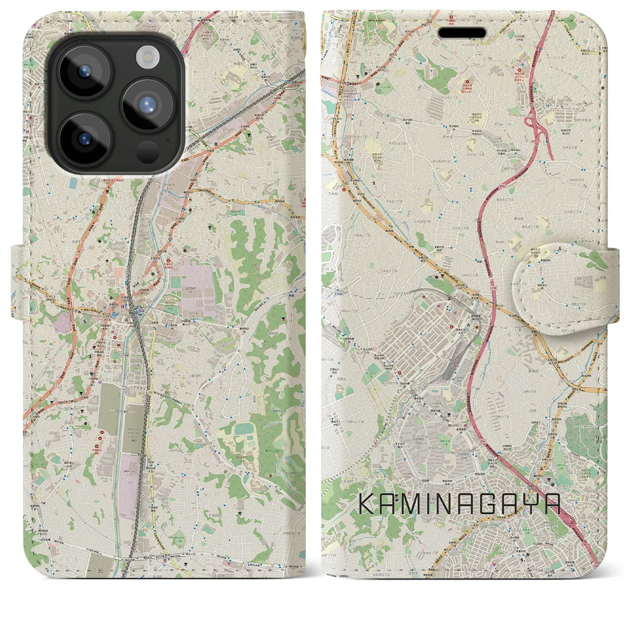 【上永谷(神奈川県)】地図柄iPhoneケース(手帳タイプ)ナチュラル・iPhone 15 Pro Max 用
