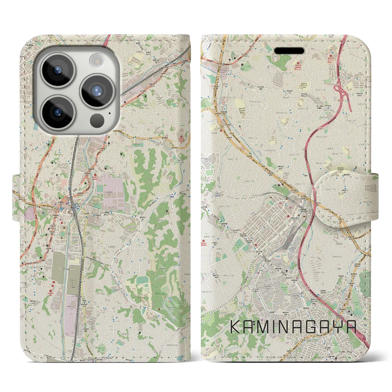 【上永谷(神奈川県)】地図柄iPhoneケース(手帳タイプ)ナチュラル・iPhone 15 Pro 用