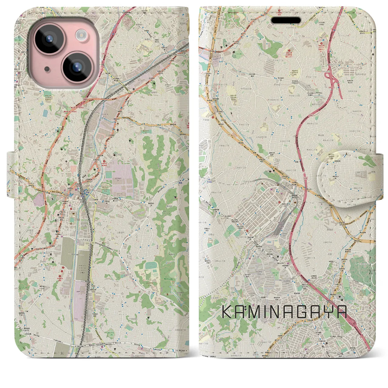 【上永谷(神奈川県)】地図柄iPhoneケース(手帳タイプ)ナチュラル・iPhone 15 Plus 用
