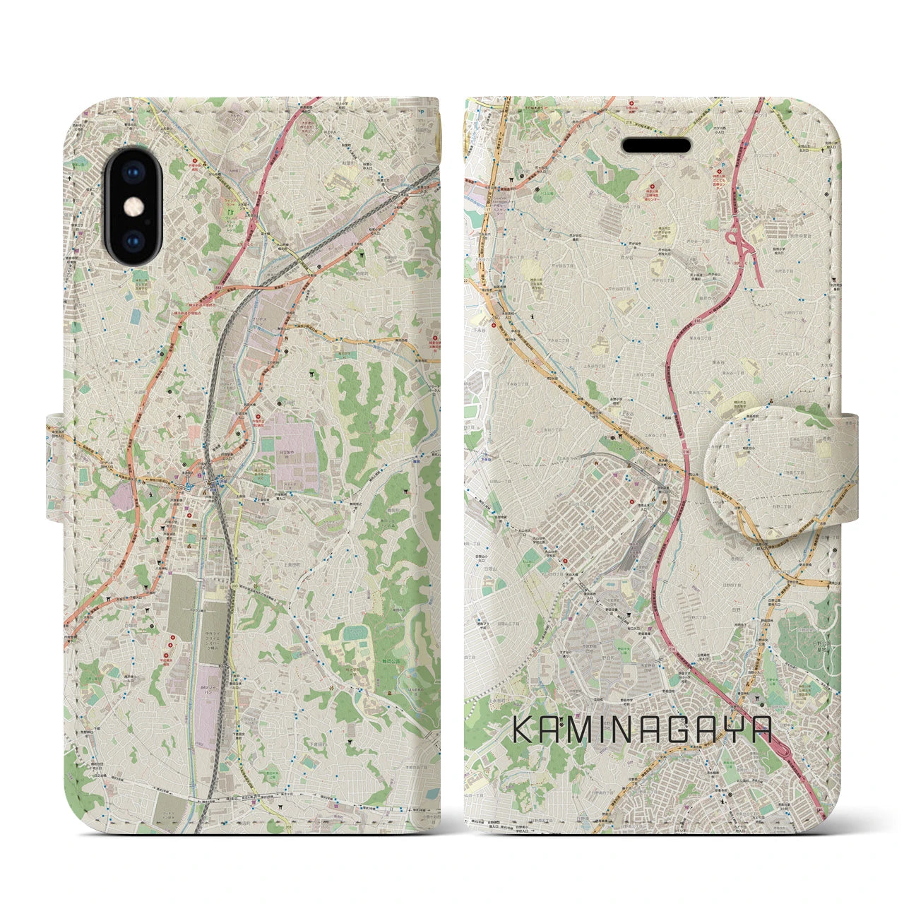 【上永谷(神奈川県)】地図柄iPhoneケース(手帳タイプ)ナチュラル・iPhone XS / X 用