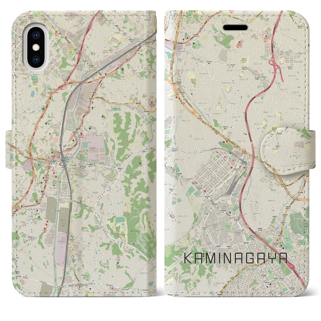 【上永谷(神奈川県)】地図柄iPhoneケース(手帳タイプ)ナチュラル・iPhone XS Max 用