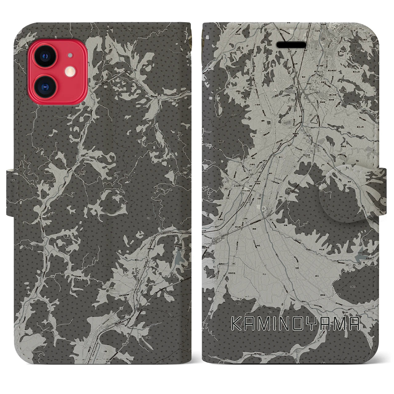 【上山(山形県)】地図柄iPhoneケース(手帳タイプ)モノトーン・iPhone 11 用