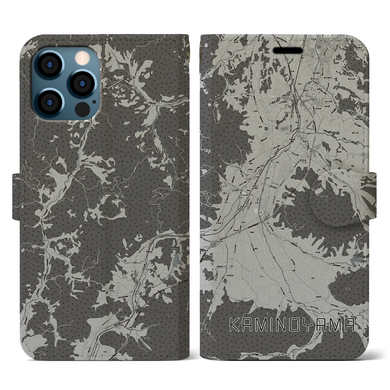 【上山(山形県)】地図柄iPhoneケース(手帳タイプ)モノトーン・iPhone 12 / 12 Pro 用